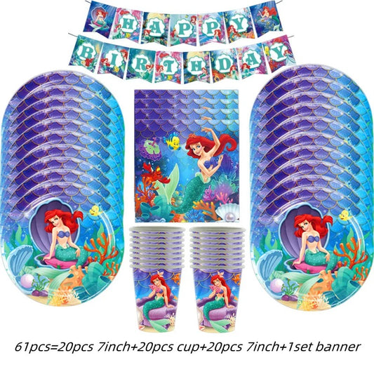 Disney Party The Little Mermaid Party Tableware & Happy Birthday Banner Set